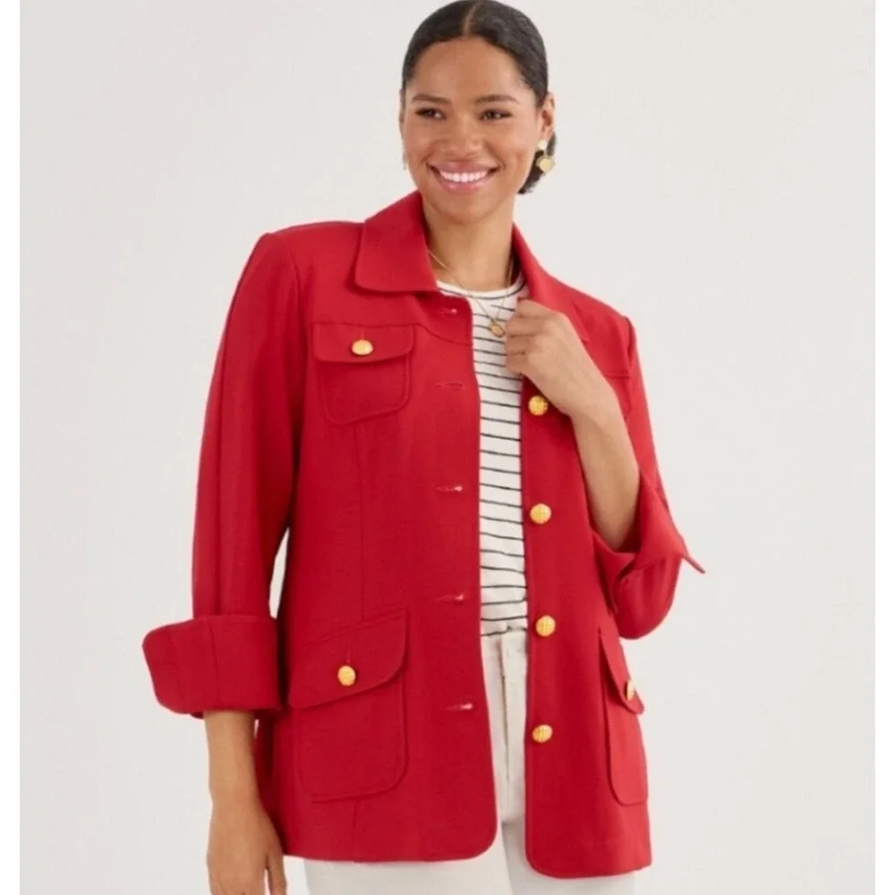 CABI Broadcast Jacket Bold Red Gold Crest Button Military Women's Size Med 6671